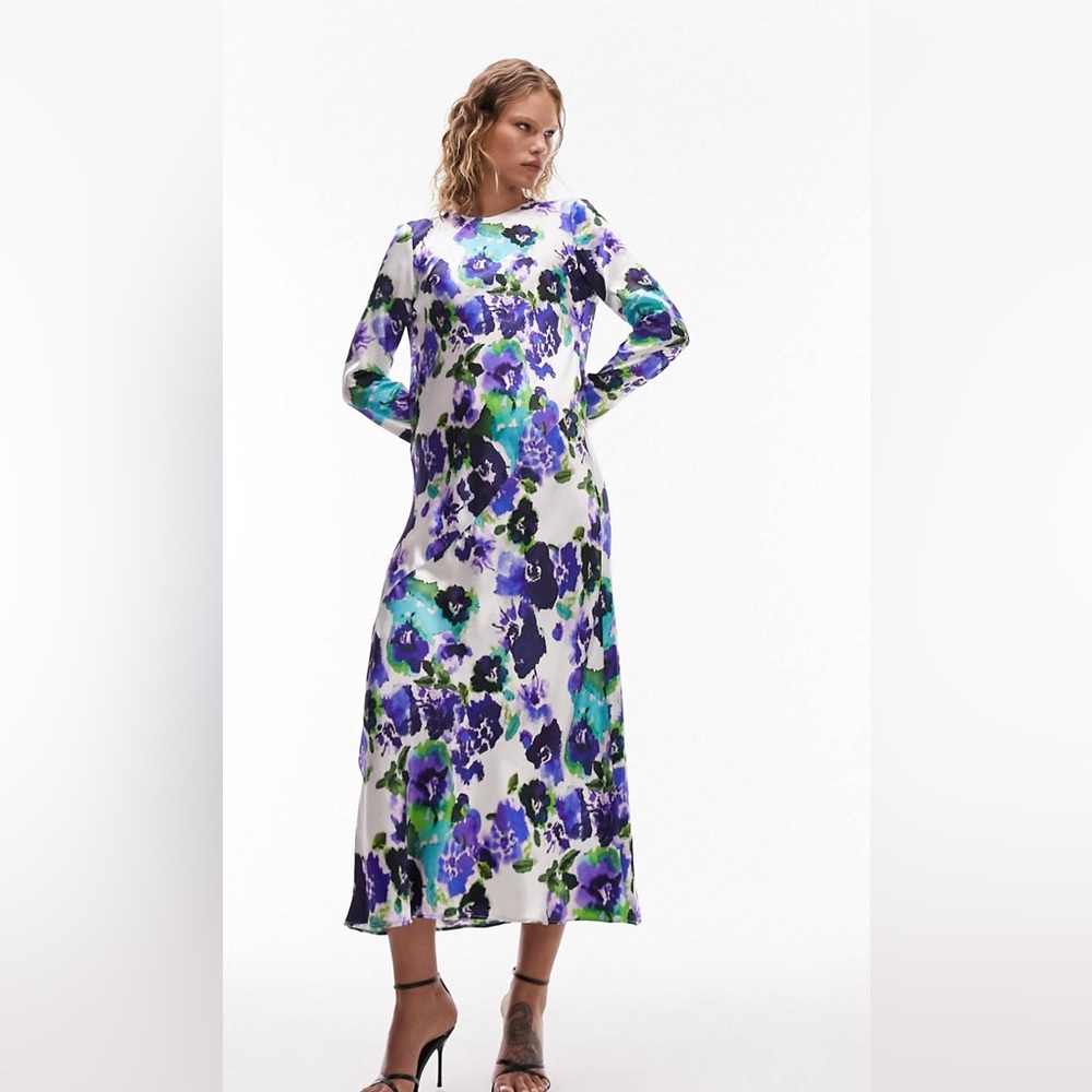 ASOS Topshop Lea Premium long sleeve midi maxi dress in floral print Size 4